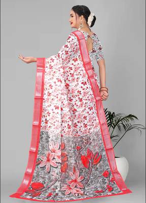 off white floral linen cotton digital print saree 5