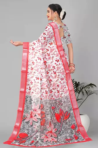 off white floral linen cotton digital print saree