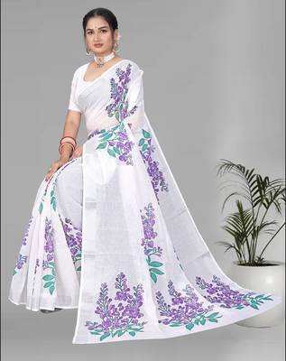 off white floral linen cotton digital print saree (white) 1