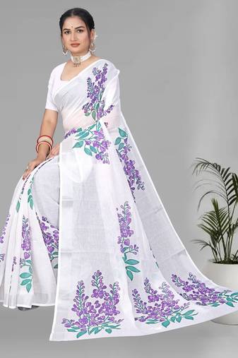 off white floral linen cotton digital print saree (white)