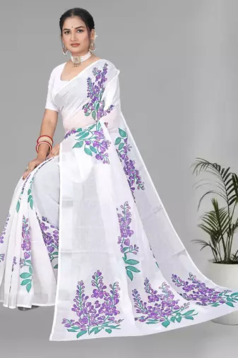 off white floral linen cotton digital print saree (white)