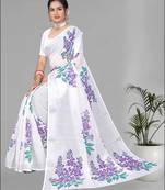 off white floral linen cotton digital print saree (white)