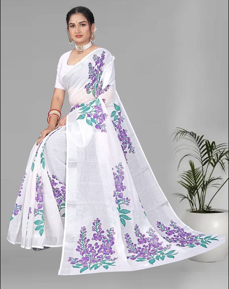 off white floral linen cotton digital print saree (white)