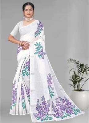 off white floral linen cotton digital print saree (white) 3