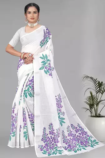 off white floral linen cotton digital print saree (white)