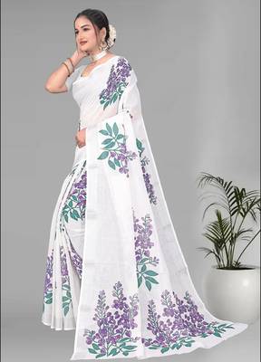 off white floral linen cotton digital print saree (white) 4