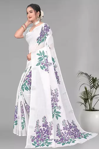off white floral linen cotton digital print saree (white)