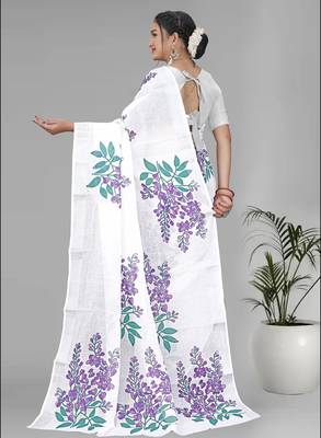 off white floral linen cotton digital print saree (white) 5