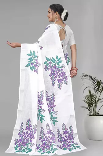off white floral linen cotton digital print saree (white)