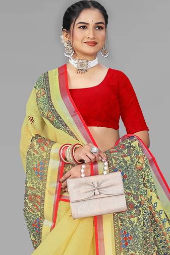 yellow  linen cotton madhubani  digital print saree (yellow)