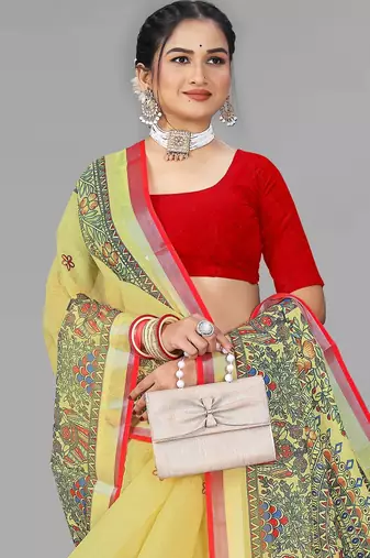 yellow  linen cotton madhubani  digital print saree (yellow)