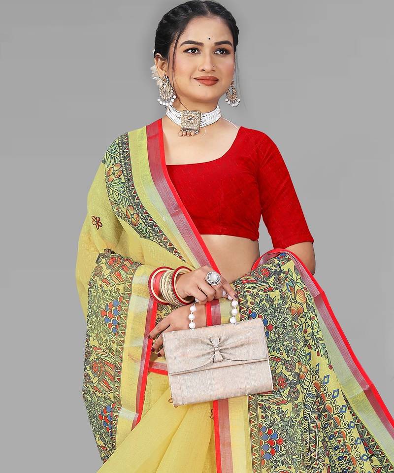 yellow  linen cotton madhubani  digital print saree (yellow)