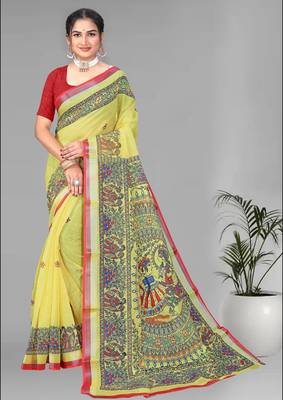yellow  linen cotton madhubani  digital print saree (yellow) 3