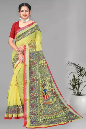 yellow  linen cotton madhubani  digital print saree (yellow)