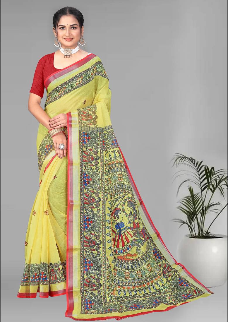 yellow  linen cotton madhubani  digital print saree (yellow)