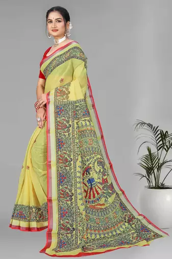 yellow  linen cotton madhubani  digital print saree (yellow)
