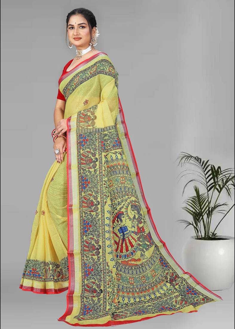 yellow  linen cotton madhubani  digital print saree (yellow)