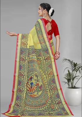 yellow  linen cotton madhubani  digital print saree (yellow) 5