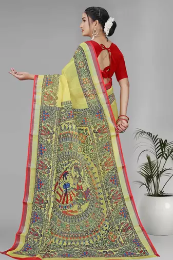 yellow  linen cotton madhubani  digital print saree (yellow)