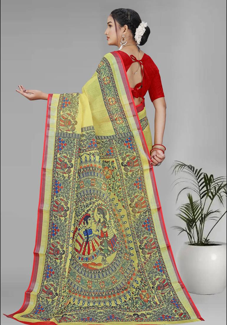 yellow  linen cotton madhubani  digital print saree (yellow)