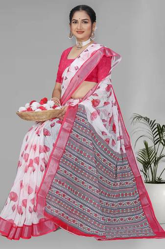 white  linen  digital print saree (pink)