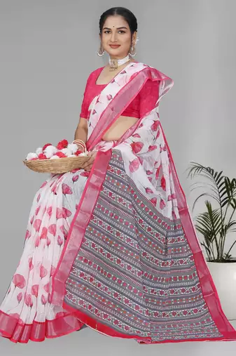 white  linen  digital print saree (pink)