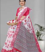 white  linen  digital print saree (pink)