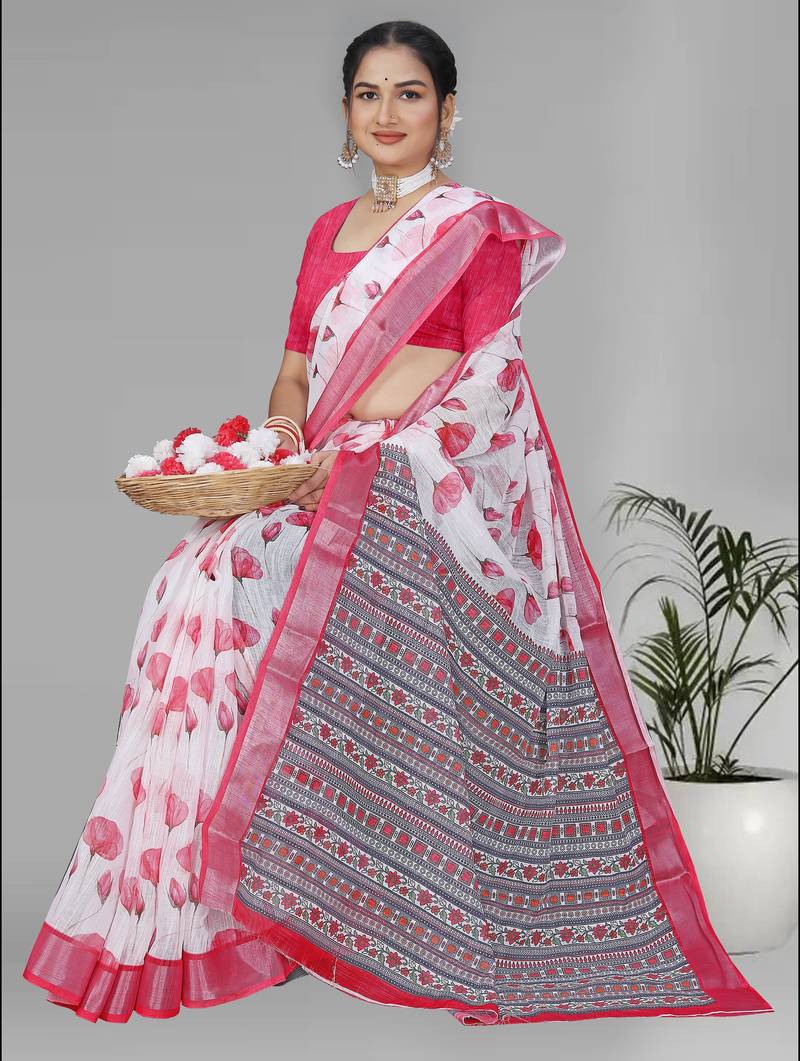 white  linen  digital print saree (pink)