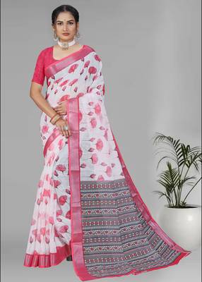 white  linen  digital print saree (pink) 3