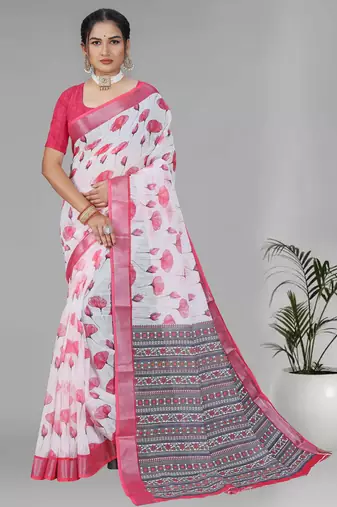 white  linen  digital print saree (pink)