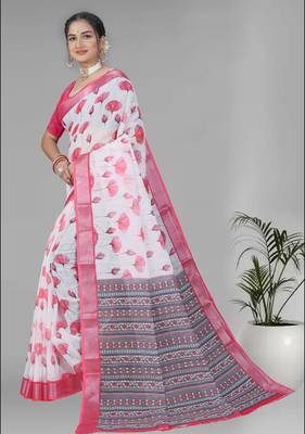 white  linen  digital print saree (pink) 4