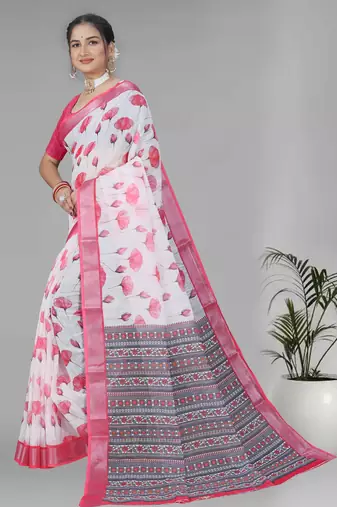 white  linen  digital print saree (pink)
