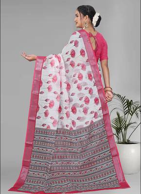 white  linen  digital print saree (pink) 5