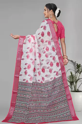 white  linen  digital print saree (pink)