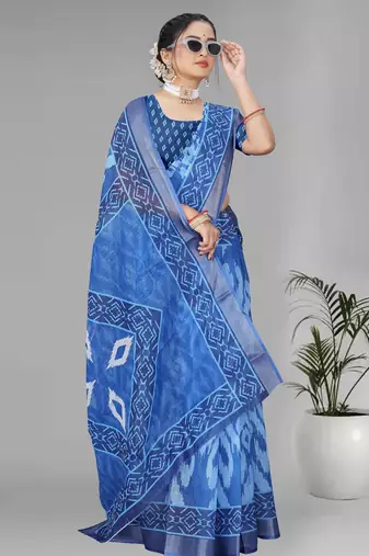 blue  linen  digital print saree (blue)