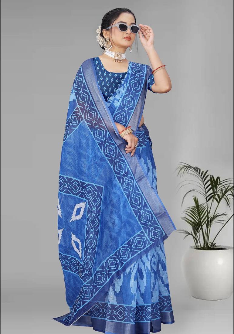 blue  linen  digital print saree (blue)
