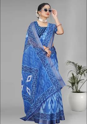 blue  linen  digital print saree (blue) 2
