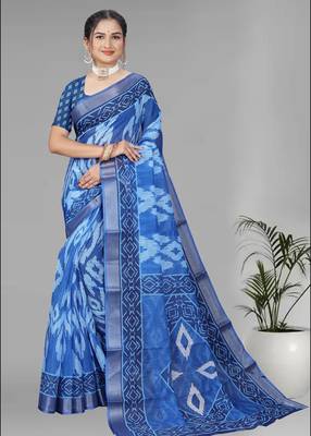 blue  linen  digital print saree (blue) 3
