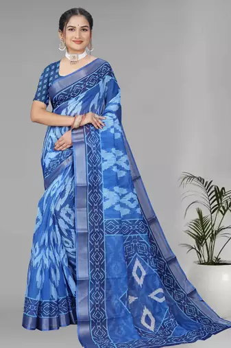 blue  linen  digital print saree (blue)