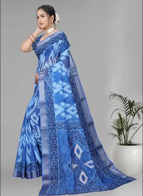 blue  linen  digital print saree (blue) 4