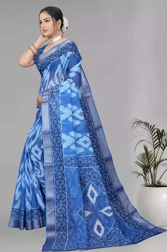 blue  linen  digital print saree (blue)