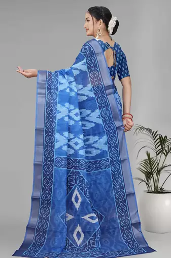 blue  linen  digital print saree (blue)