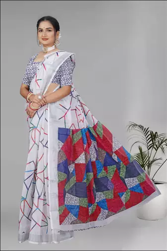 white  linen  digital print saree (white)