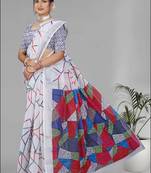 white  linen  digital print saree (white)