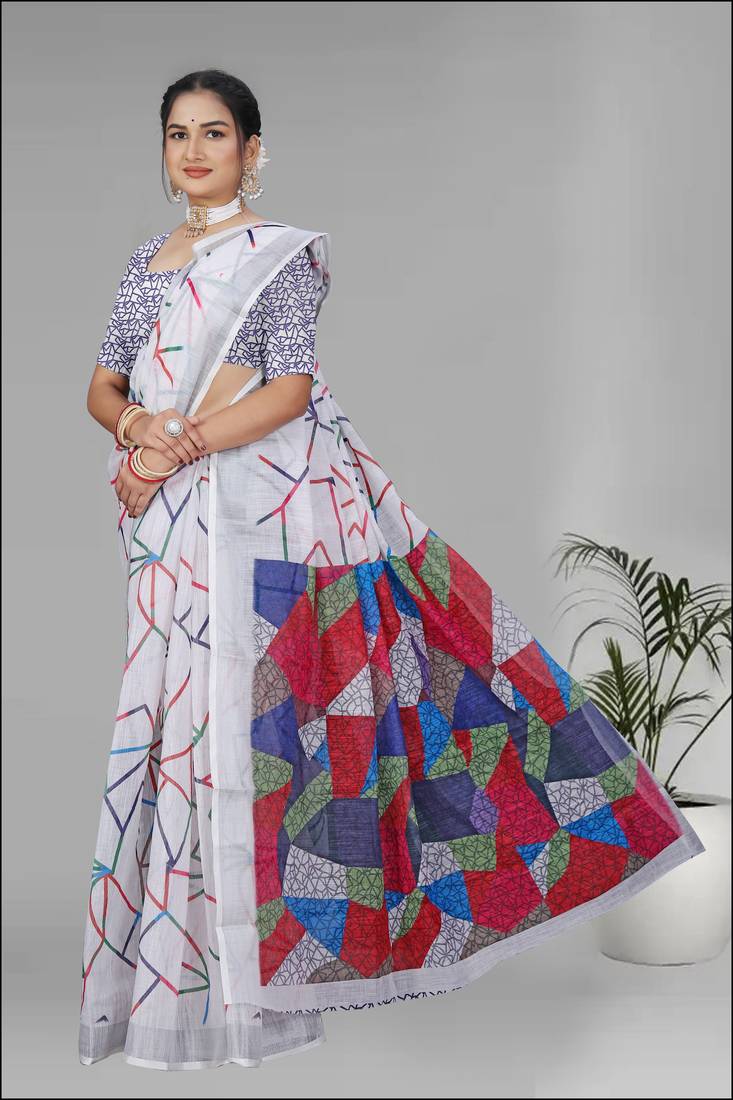 white  linen  digital print saree (white)