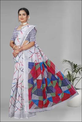 white  linen  digital print saree (white) 2