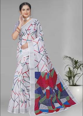 white  linen  digital print saree (white) 3