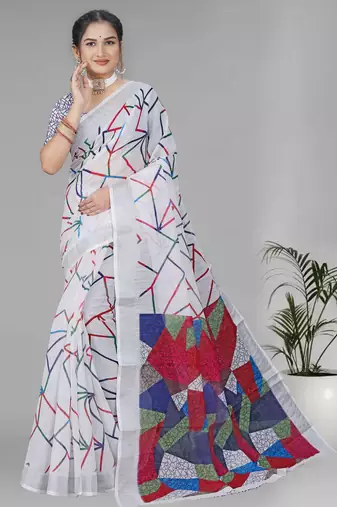 white  linen  digital print saree (white)