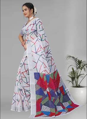 white  linen  digital print saree (white) 4