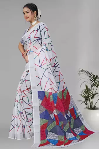 white  linen  digital print saree (white)